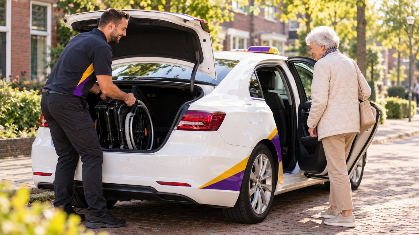 Inklapbare rolstoel wordt in de kofferbak van een taxi geplaatst