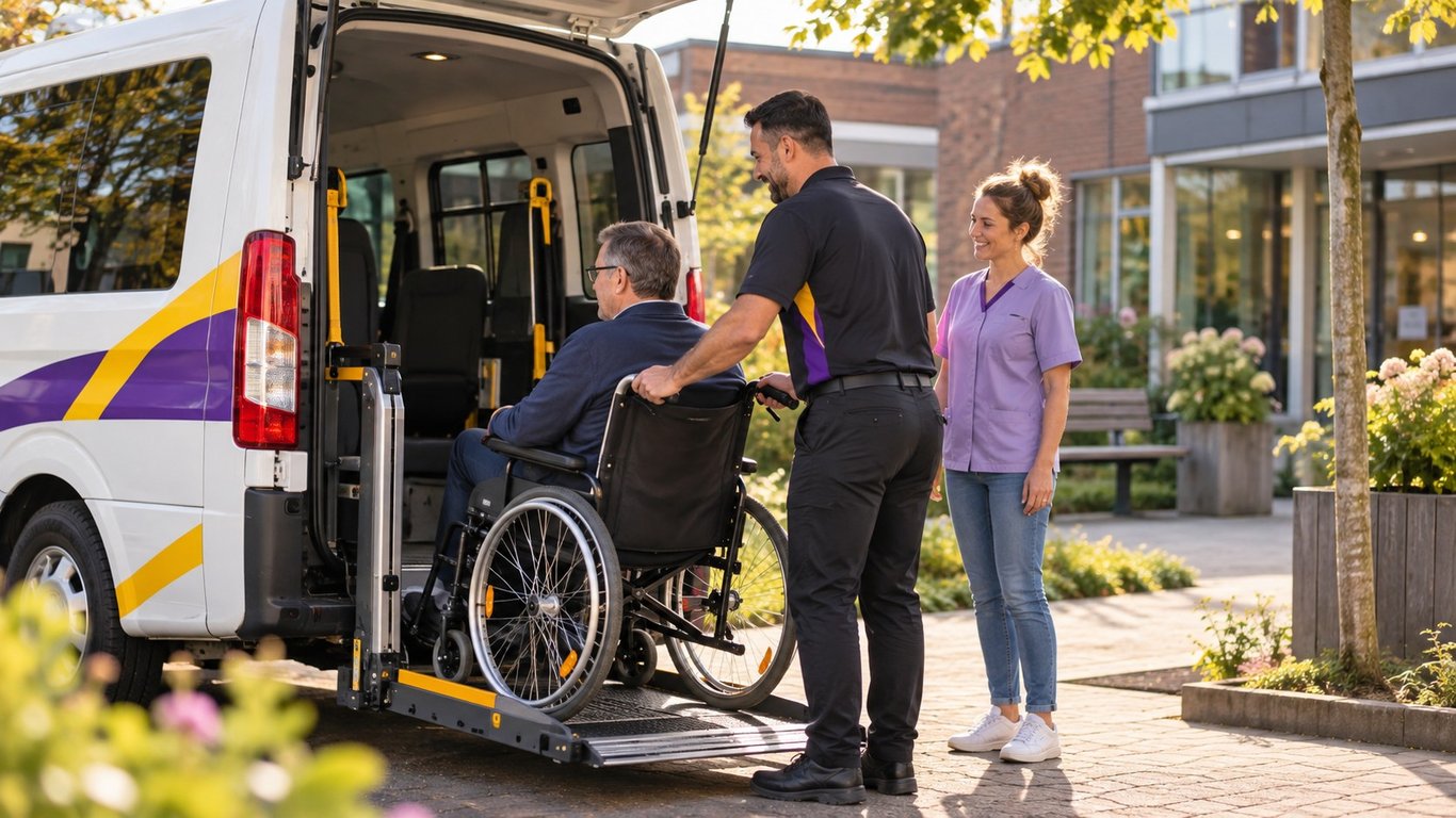 Rolstoelbus van sneleentaxi staat klaar bij een zorginstelling